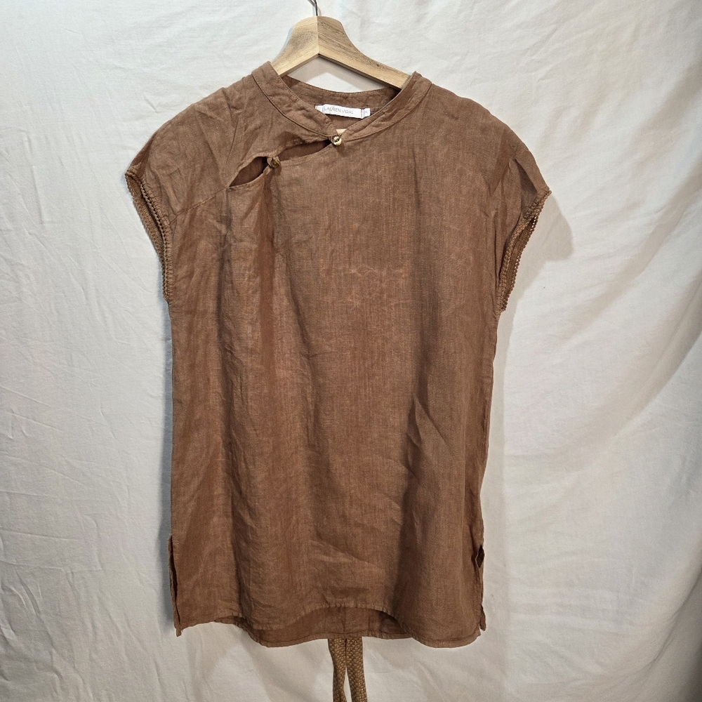 100% Linen Lauren Vidal Size M Asymmetrical Button Neck Detail Tie Waist